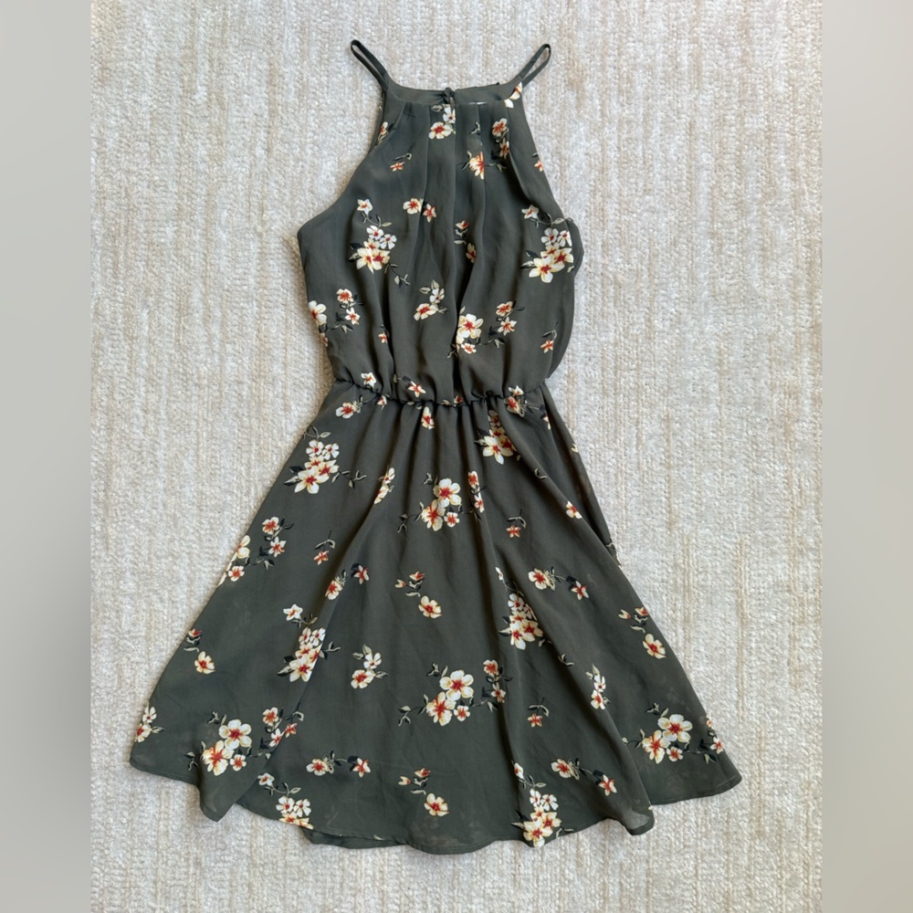 Francesca's Collections Olive Green Floral Halter Dress